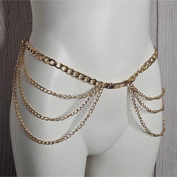 VTG Gold Tone Metal Multi-Layer Belly Chain Belt, 26" to 40" waist - Picture 1 of 6